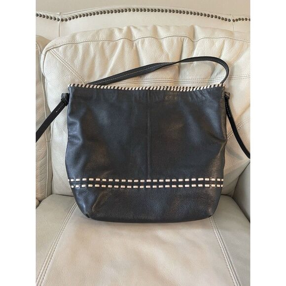 Cole Haan Shoulder Bag Leather White Wipstitch Dark Navy Black - Picture 1 of 12